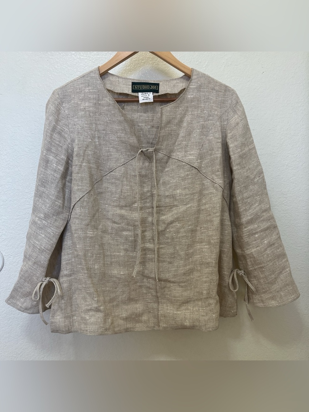 Vintage 100% linen oatmeal blouse sz 8 tie detail renfaire Lagenlook Cottagecore